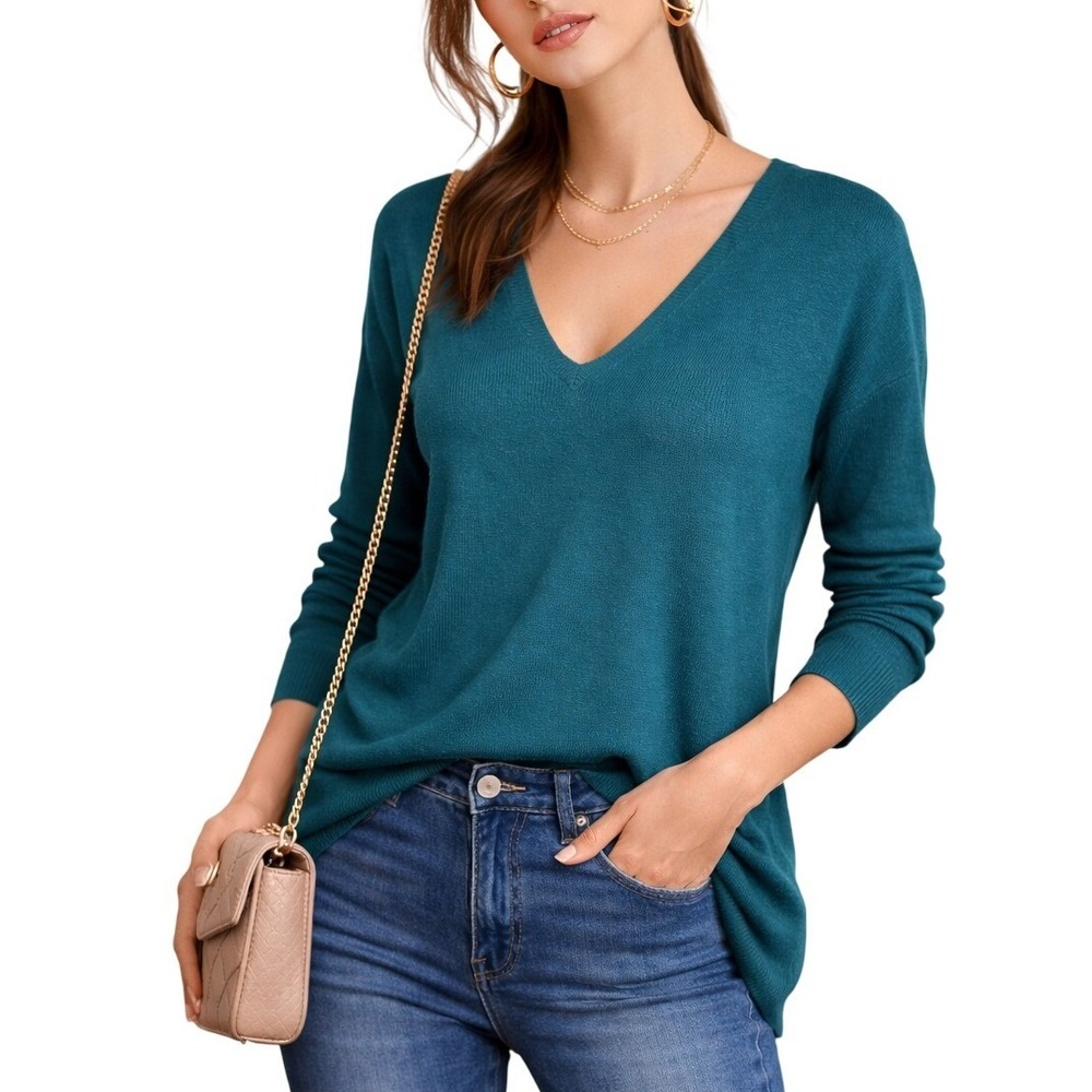 White House Black Market Green‎ V Neck Long Sleeve Sweater Top Size S